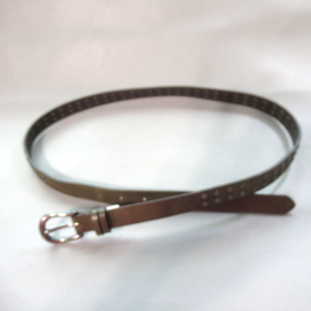 THD Dress Belt Women Khaki Green Faux Leather Skinny Studded Silver Tone Buckle